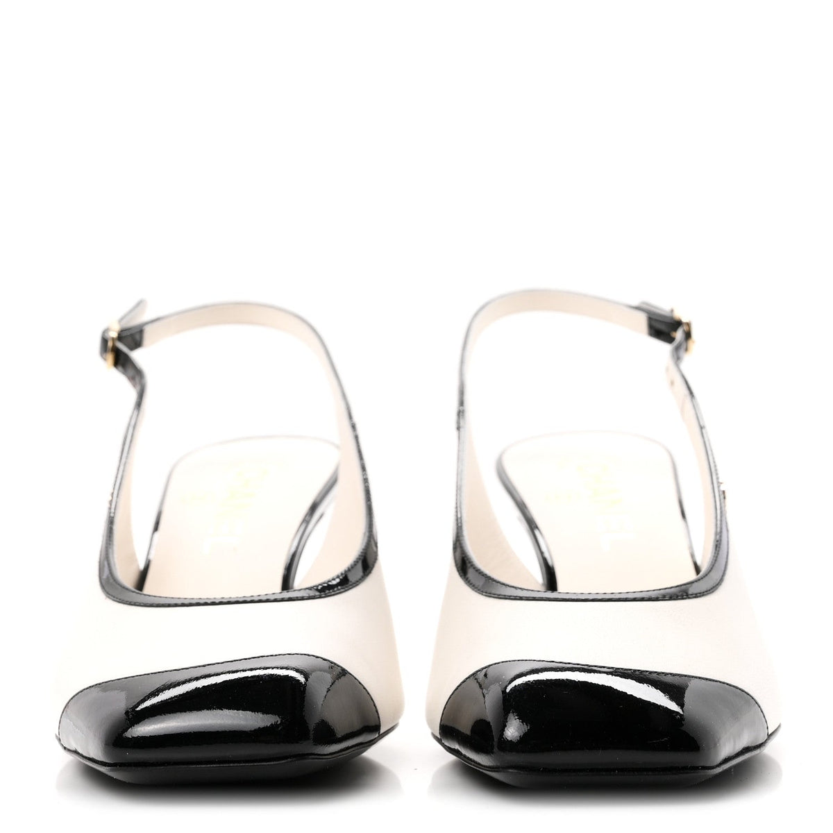 Chanel Lambskin Patent Calfskin Women's Cap Toe CC Slingback Pumps 38 White Black