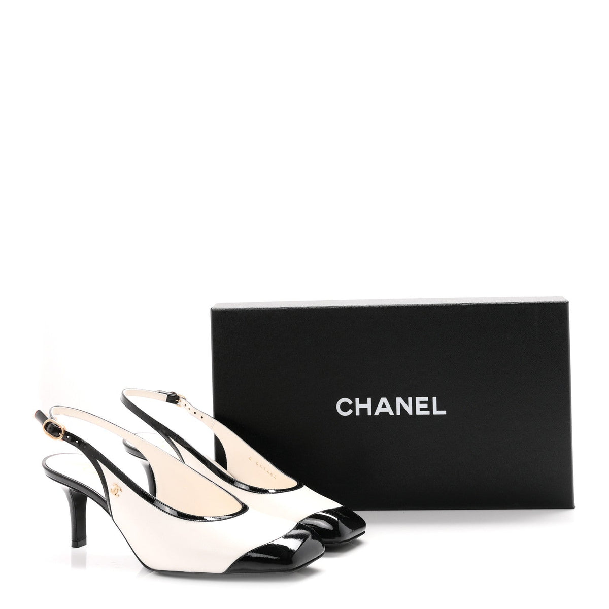 Chanel Lambskin Patent Calfskin Women's Cap Toe CC Slingback Pumps 38 White Black