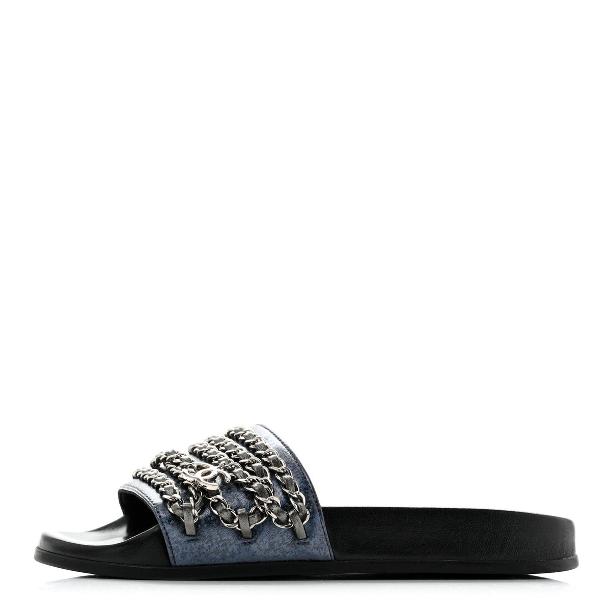 Fantasy Lambskin Chain Slides Sandals Flats Blue