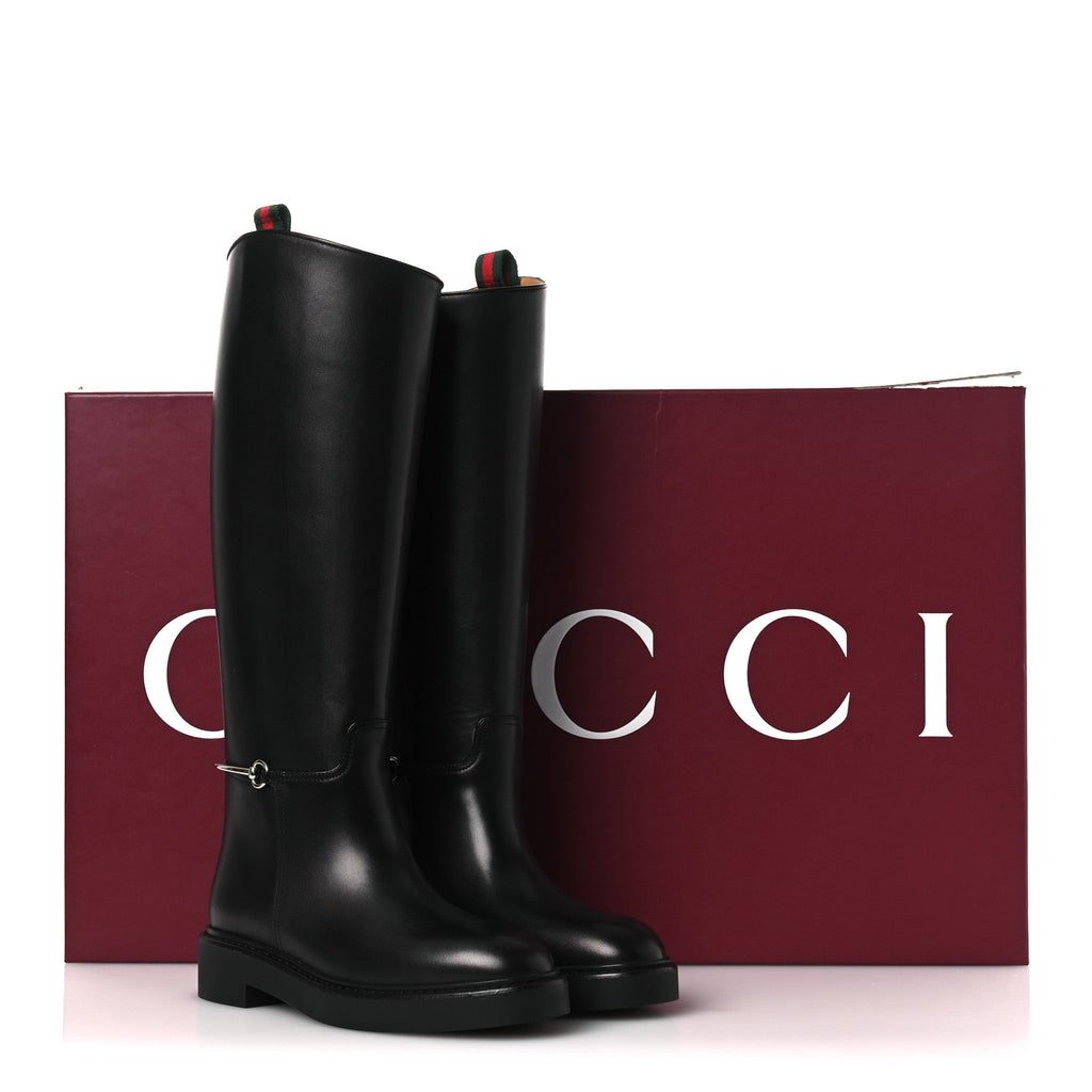 Gucci Shiny Calfskin Women's Michelangelo Slim Horsebit Riding Boots 38 Black