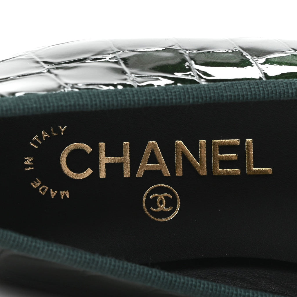 Chanel Crocodile Embossed Patent Calfskin CC Women's Ballerina Flats Dark Green Black