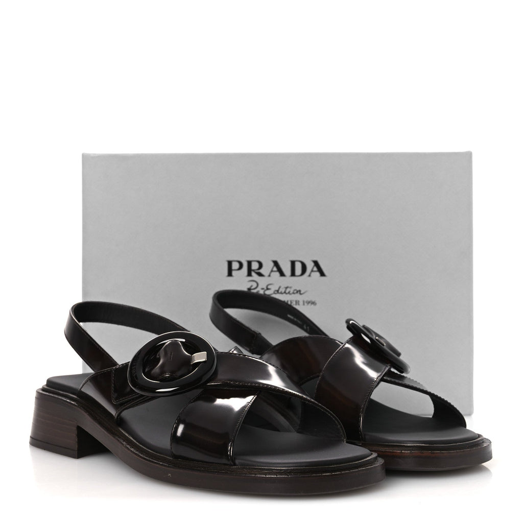 Prada Spazzolato Fume Women's Re-Edition 1996 Buckle Sandals 41 Bruciato