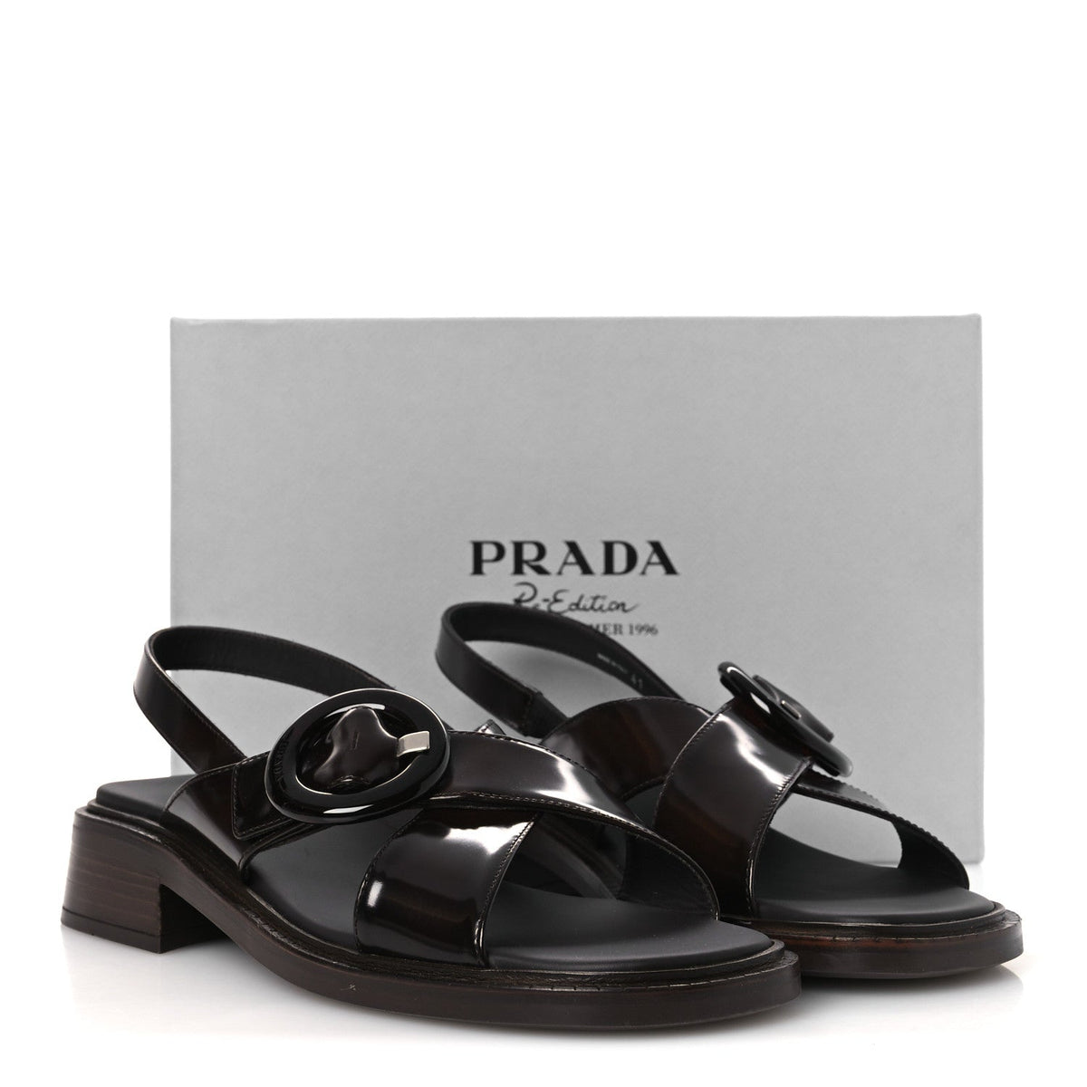 Prada Spazzolato Fume Women's Re-Edition 1996 Buckle Sandals 41 Bruciato