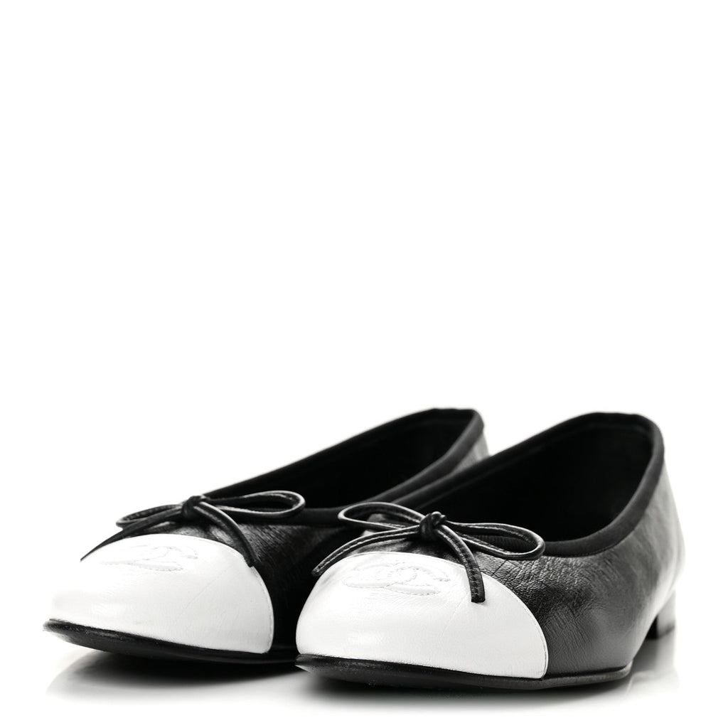 Chanel Crumpled Lambskin CC Cap Toe Women's Flats Black White
