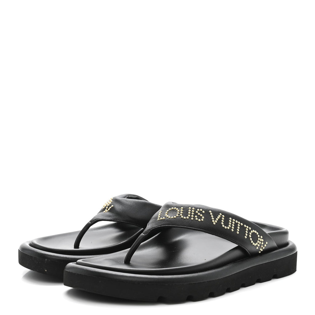 Louis Vuitton Calfskin Women's Logo Studded Pillow Flat Sandals 35 Black