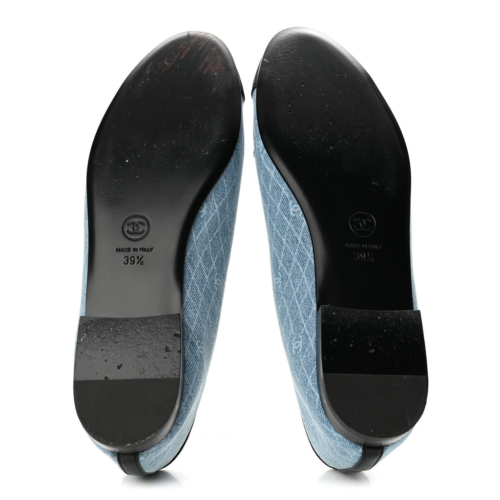 Chanel Denim Printed Quilt CC Cap Toe Women's Ballerina Flats Light Blue Dark Grey