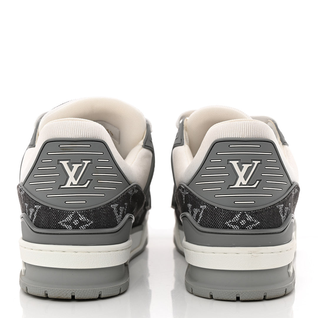 Louis Vuitton Calfskin Embossed Monogram Denim Men's LV Trainer Sneakers 5.5 Grey