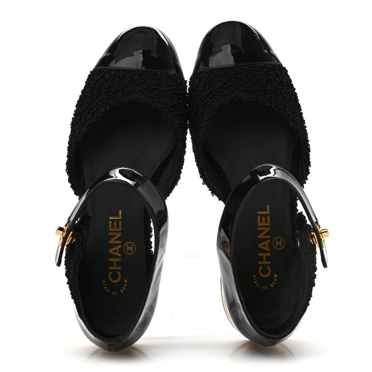 Chanel Tweed Patent Cap Toe CC Women's Ballerina Flats Black