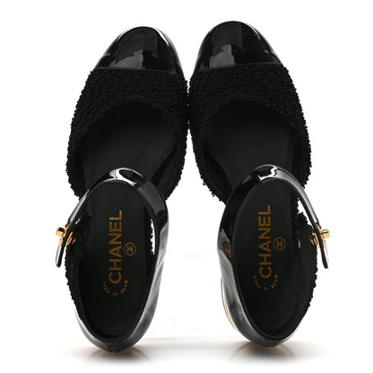 Chanel Tweed Patent Women's Cap Toe Ballerina Flats 37.5 Black