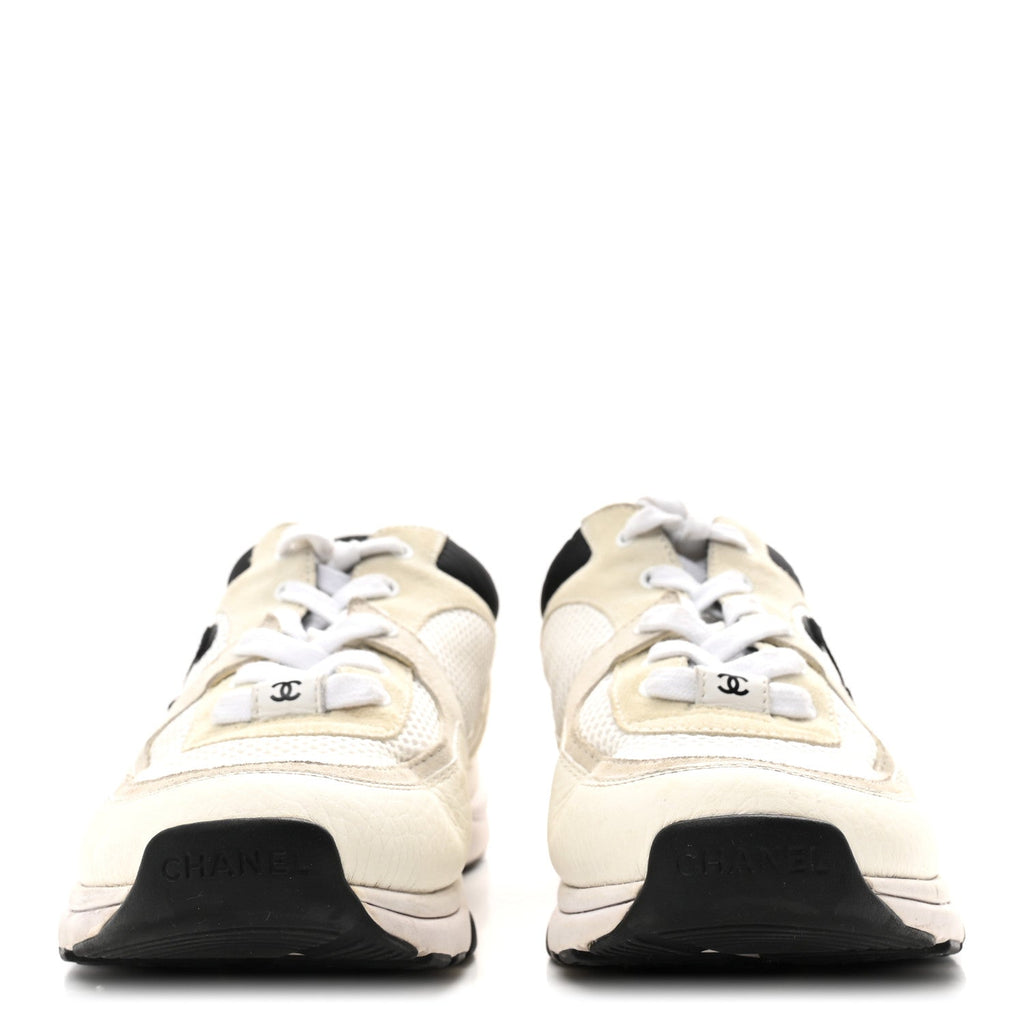 Chanel Mesh Suede Calfskin Womens CC Sneakers 39.5 White Black