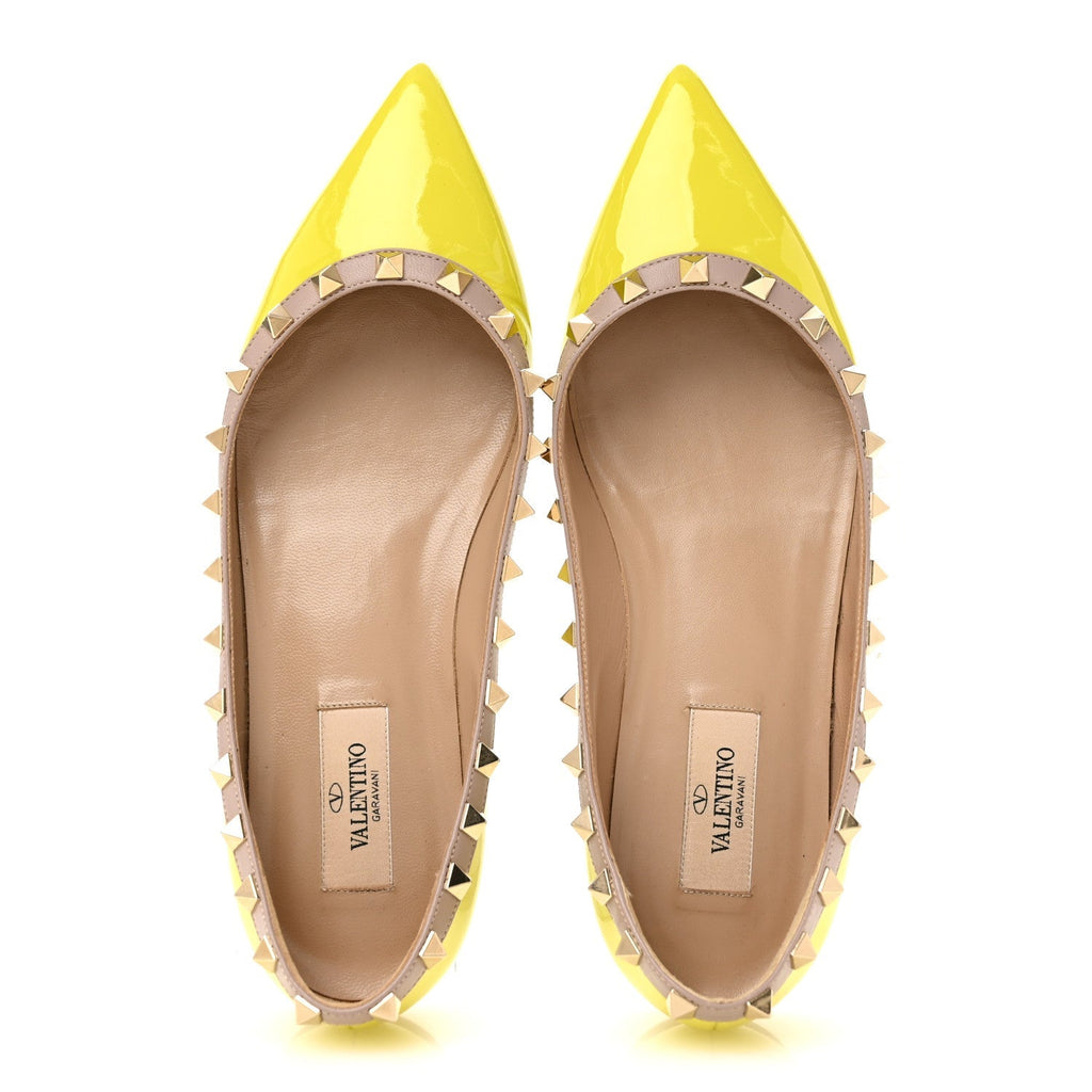 Valentino Garavani Patent Leather Women's Rockstud Flats 38 Acid Yellow