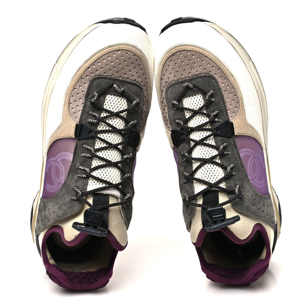 Chanel Fabric Suede Calfskin Mesh Women's CC Sneakers 42 White Grey Purple
