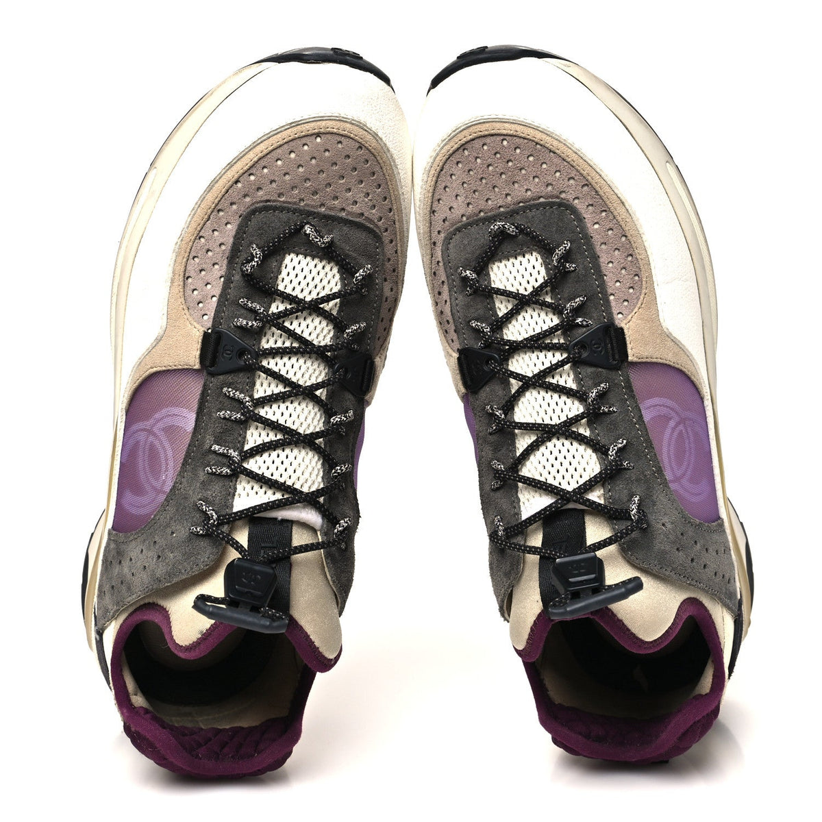 Chanel Fabric Suede Calfskin Mesh Women's CC Sneakers 42 White Grey Purple