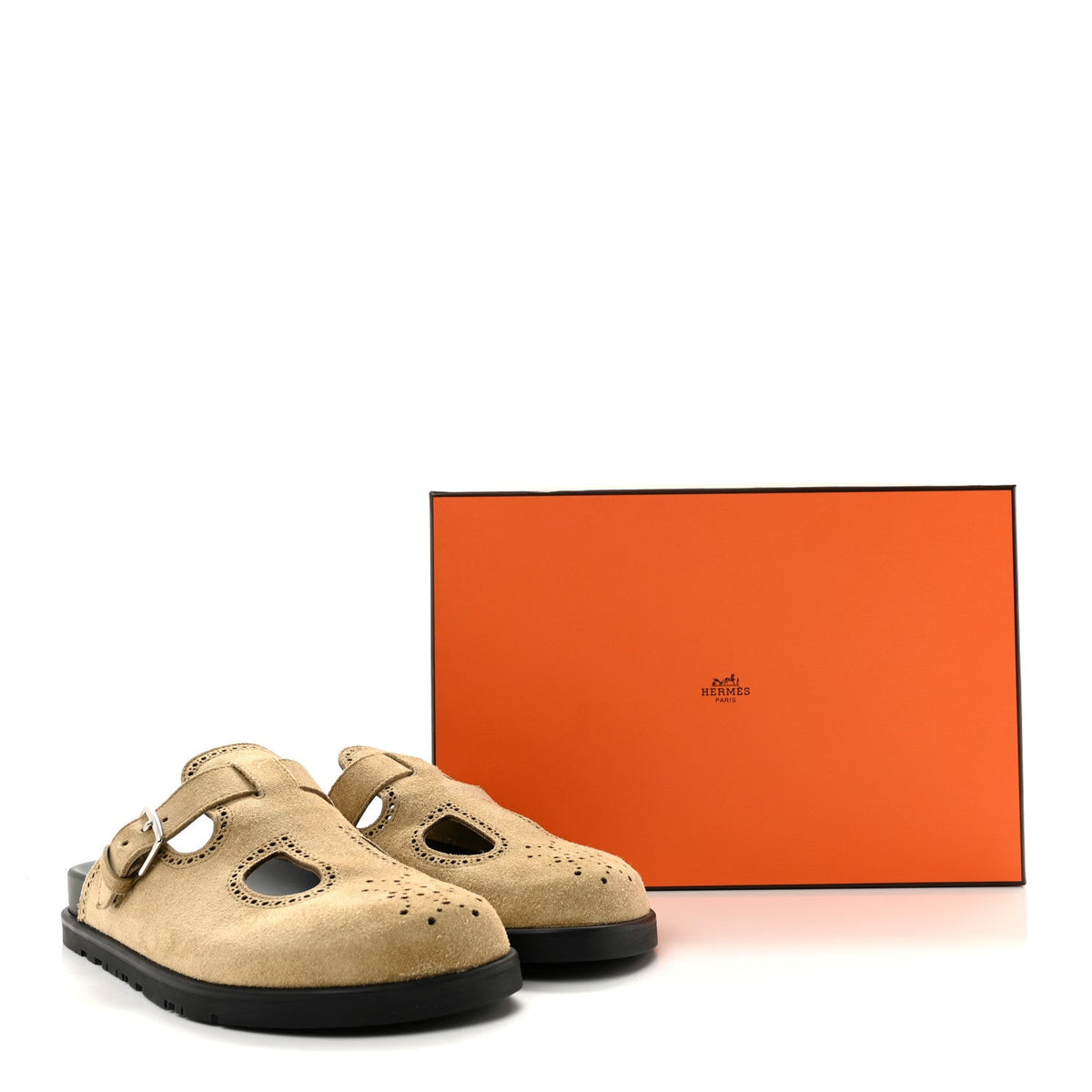 Hermes Suede Calfskin Monk Women's Mules Beige Albatre