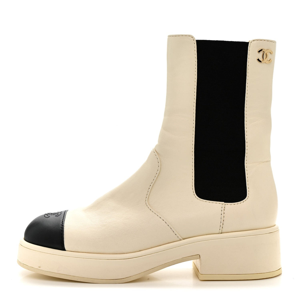Chanel Patent Calfskin Cap Toe CC Women's Ankle Boots 39.5 White Black