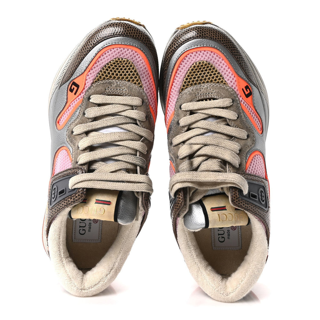 Gucci Calfskin Suede Mesh Women's Ultrapace Sneakers 37 Silver Anthracite Neon Orange