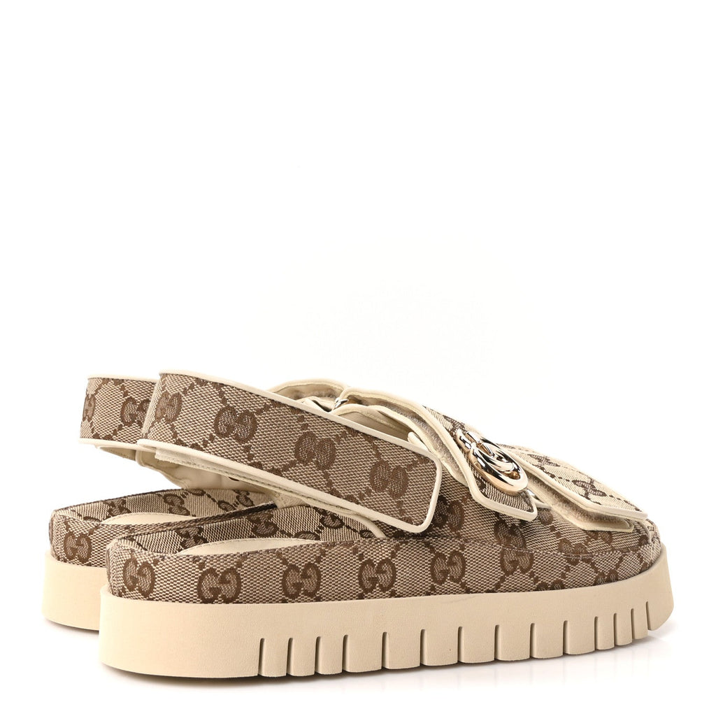 Gucci Monogram Suede Women's Double G Dad Sandals 37 Beige Ebony New Acero