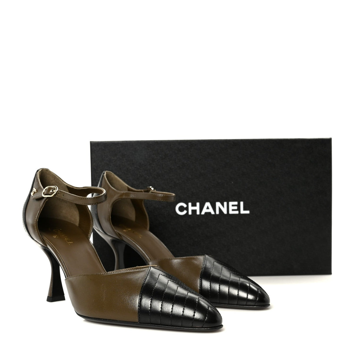 Chanel Lambskin Mary Jane Women's Pumps 40 Dark Khaki Black