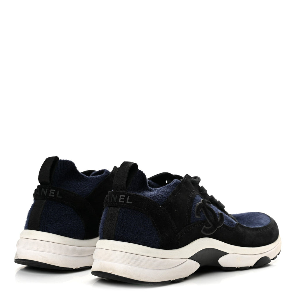 Chanel Knit Fabric Suede Calfskin CC Women's Sneakers Navy Black