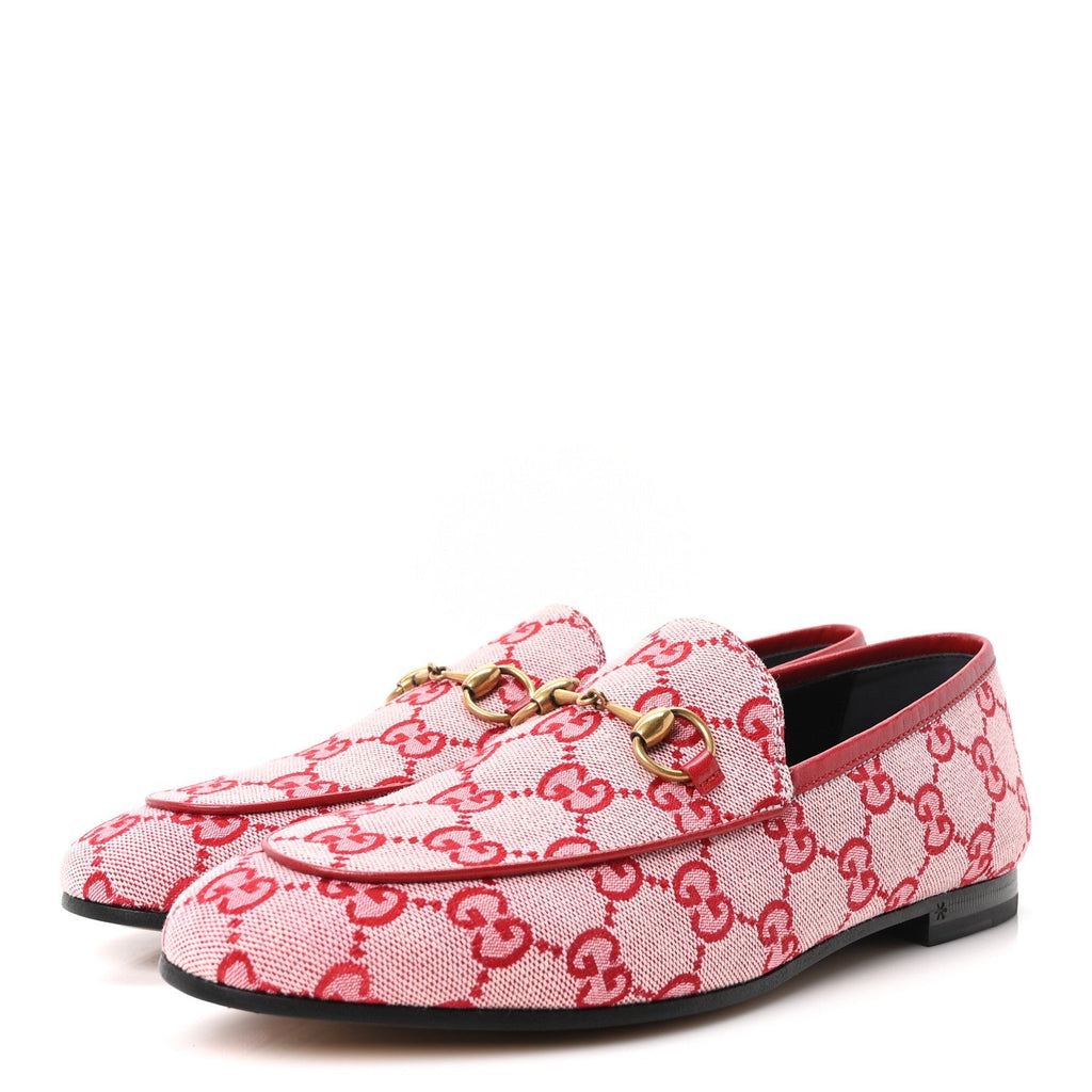 Gucci Canvas Women's GG Jordaan Loafers 37.5 Hibiscus Red