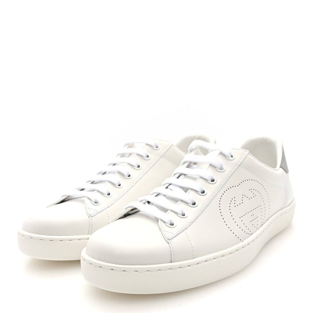 Gucci Calfskin Men's Interlocking G Perforated Ace Sneakers 8 White Grey Sky