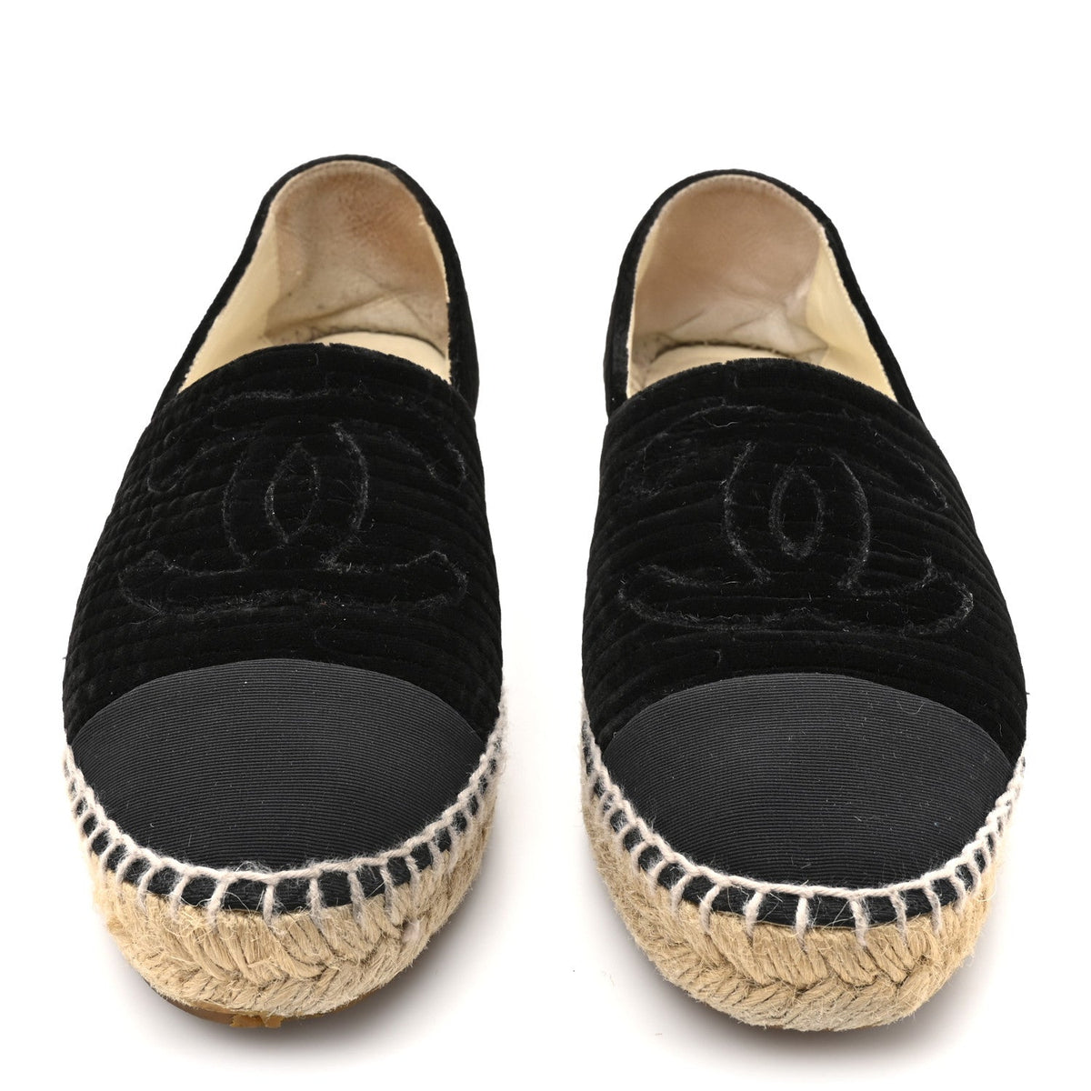 Chanel Velvet Grosgrain Women's CC Espadrilles 38 Black