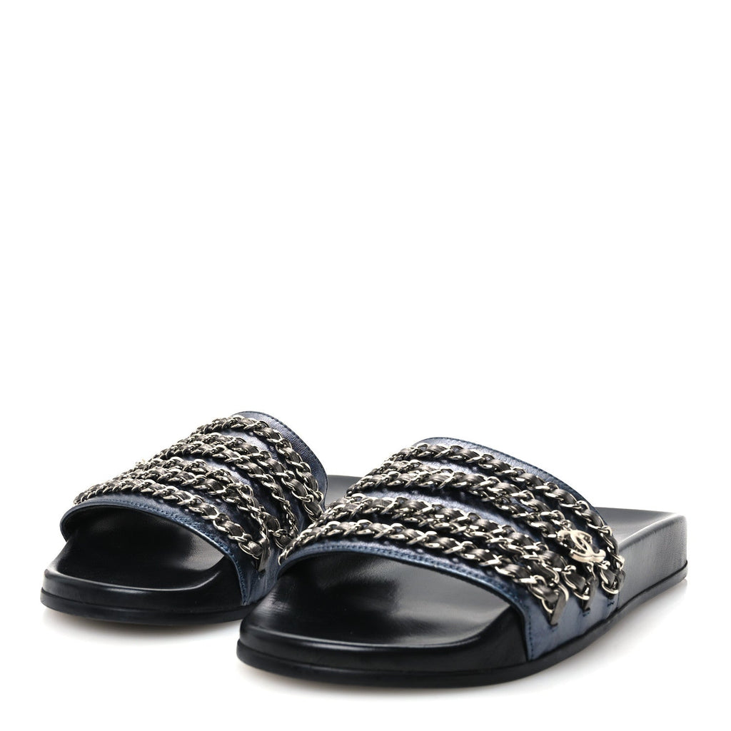 Chanel Lambskin Women's Fantasy Chain Flat Sandals 40 Dark Blue