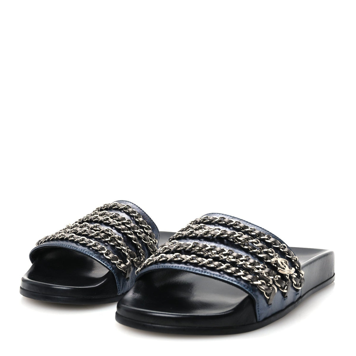 Chanel Lambskin Women's Fantasy Chain Flat Sandals 40 Dark Blue