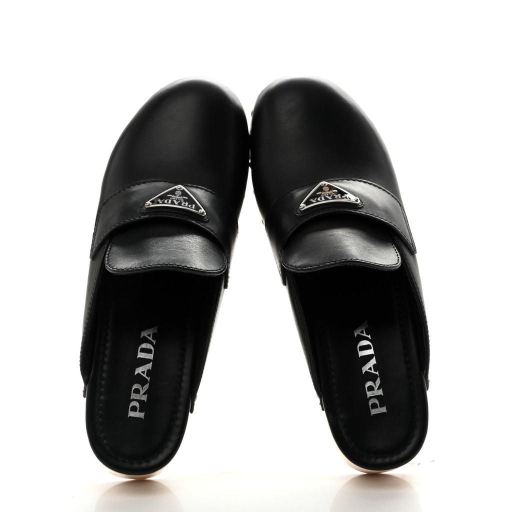Prada Calfskin Women's Metal Triangle Logo 45mm Clogs 40 Black