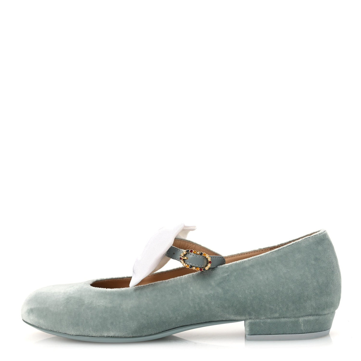 Chanel Velvet Grosgrain Bow Women's Mary Jane Flats 37.5 Light Green White