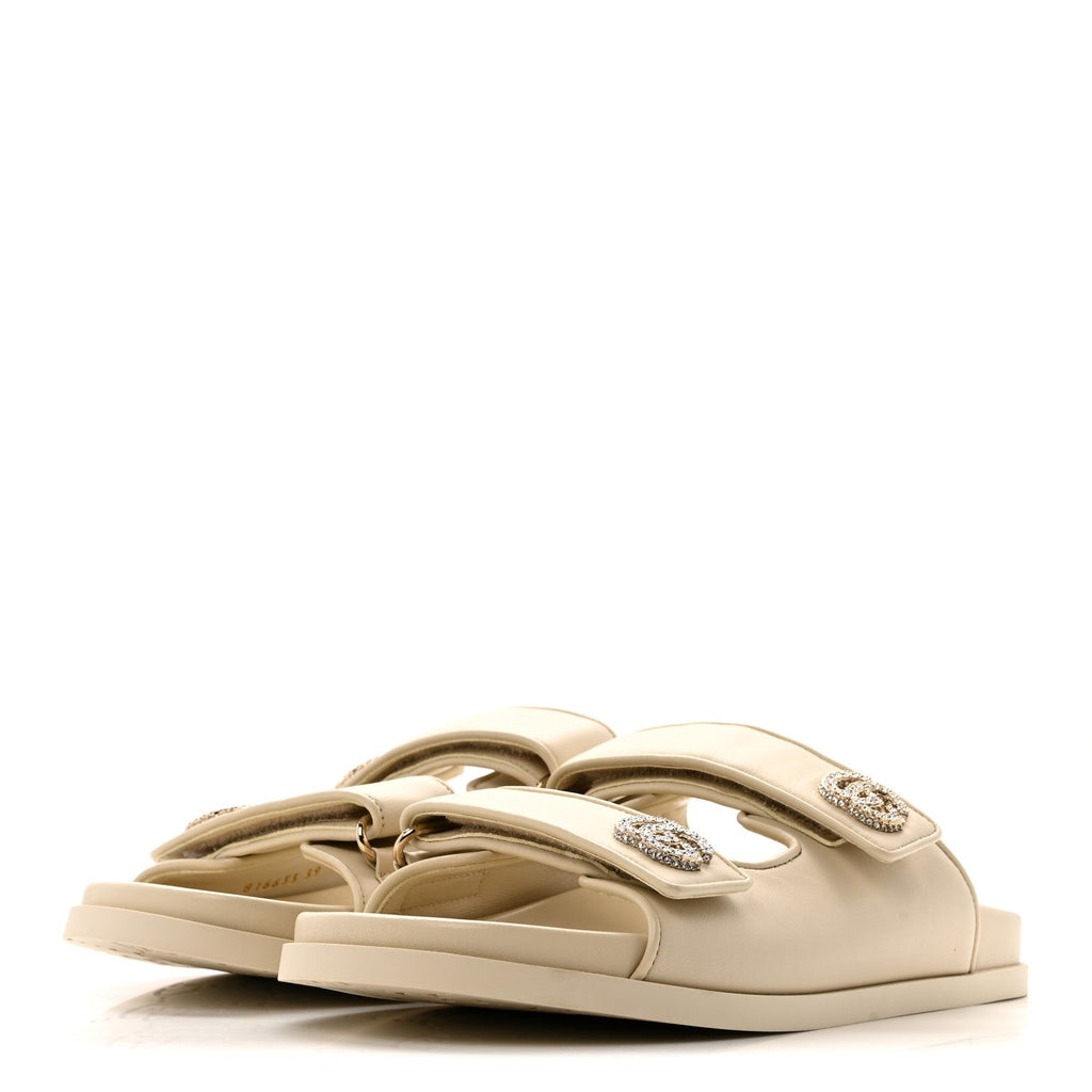 Gucci Calfskin Double G Crystal Women's Isla Dad Sandals 39 Ivory
