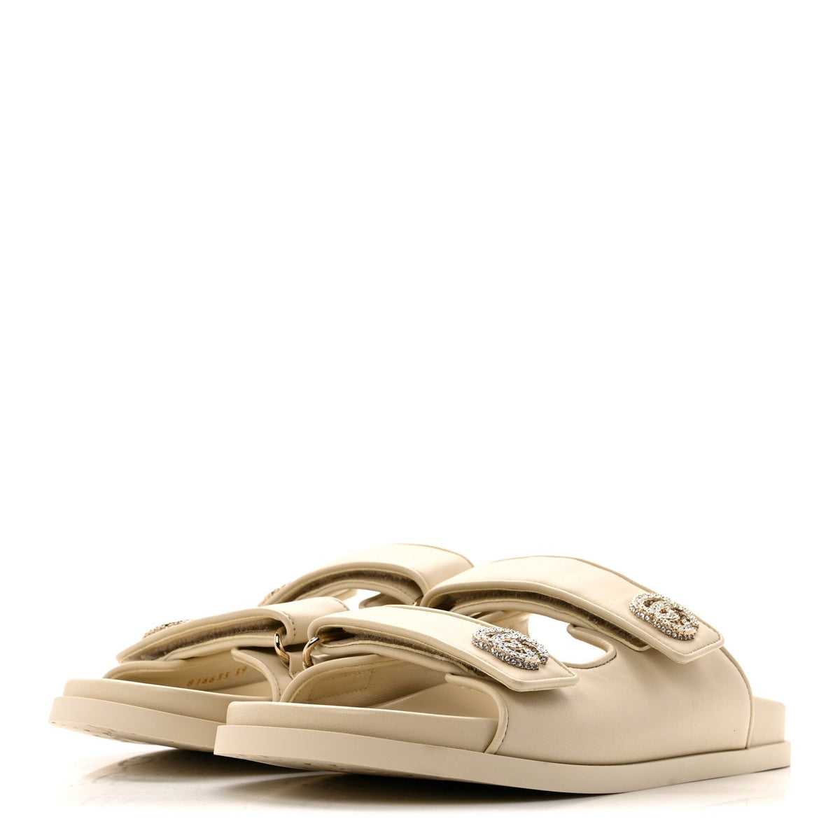 Gucci Calfskin Double G Crystal Women's Isla Dad Sandals 39 Ivory