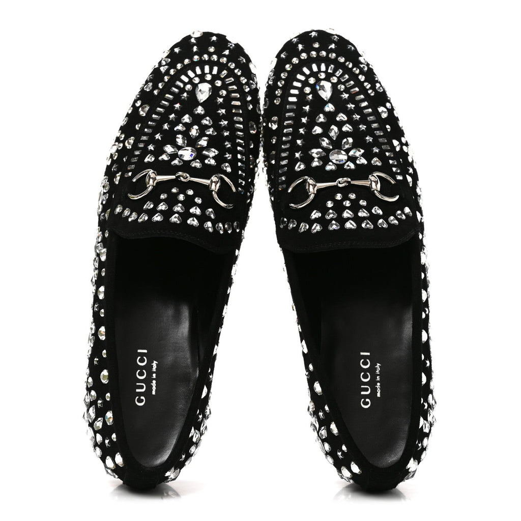Gucci Suede Velvet Women's Crystal GG Jordaan Loafers 37.5 Black