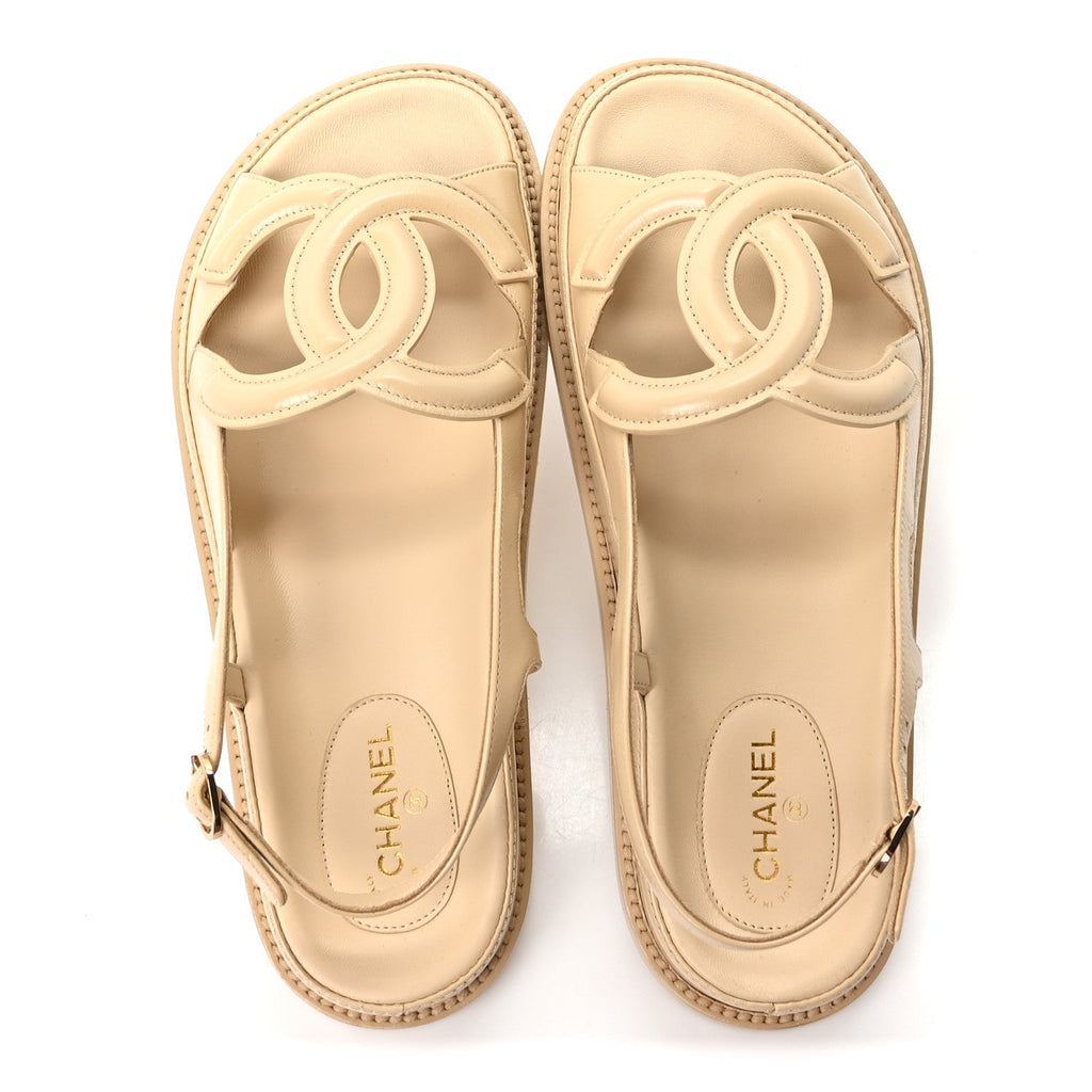 Chanel Shiny Crumpled Lambskin CC Cut Out Women's Sandals Beige