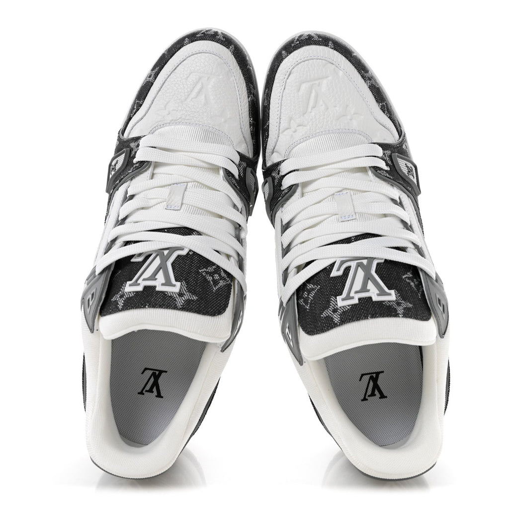 Louis Vuitton Calfskin Embossed Monogram Denim Men's LV Trainer Sneakers 10 Grey