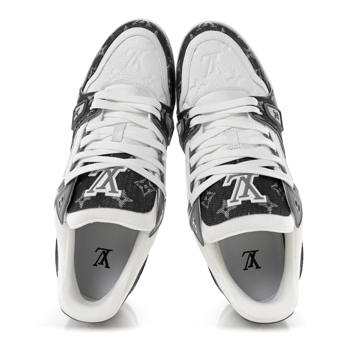 Louis Vuitton Calfskin Embossed Monogram Denim Men's LV Trainer Sneakers 10 Grey