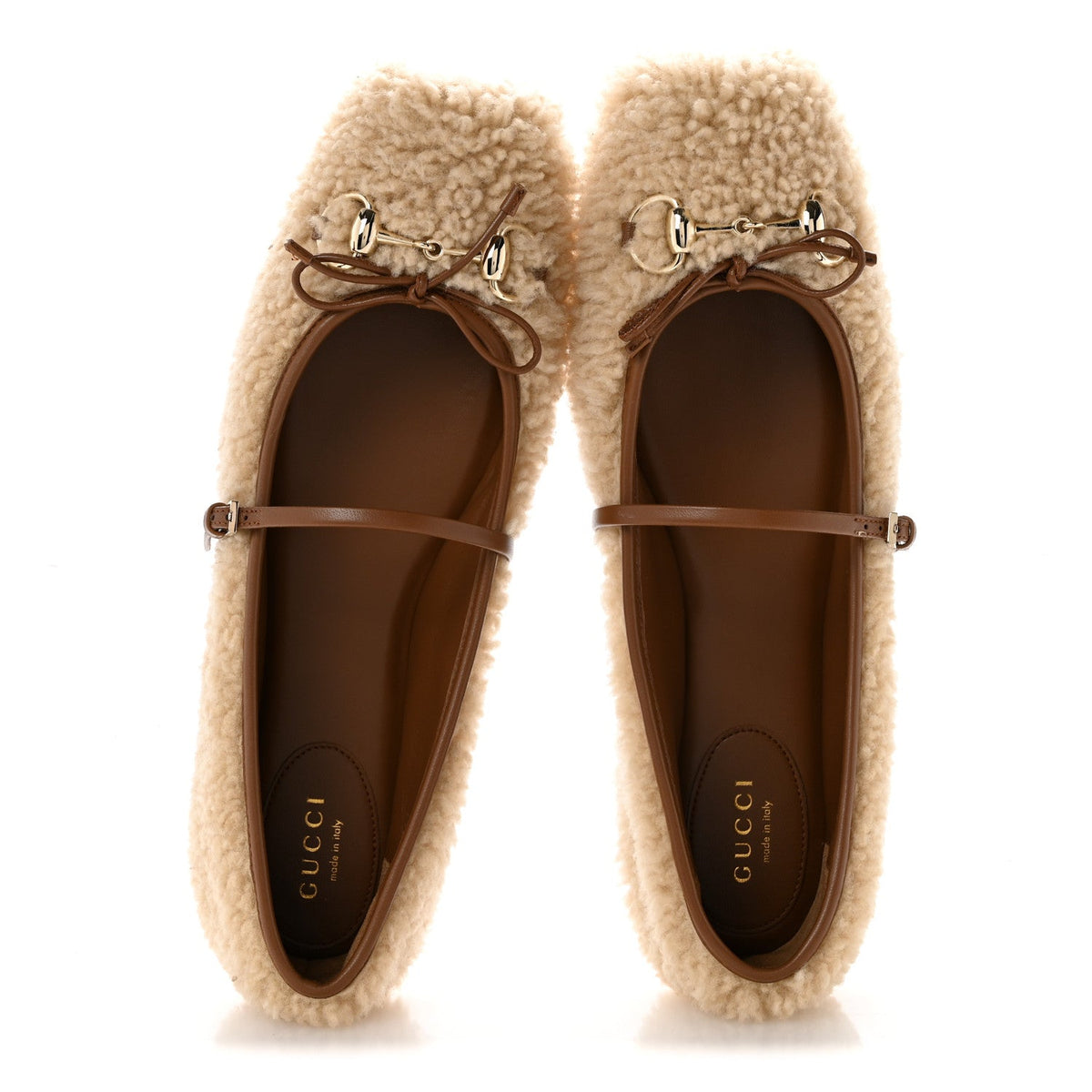 Gucci Shearling Women's Horsebit Ballet Flats 38.5 Beige