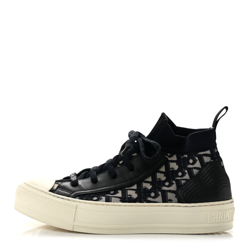 Dior Technical Knit Calfskin Women's Oblique Walk'n'Dior Mid Top Sneakers 36.5 Deep Blue