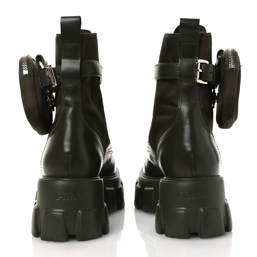 Prada Spazzolato Rois Re-Nylon Women's Monolith Boots 40 Militare