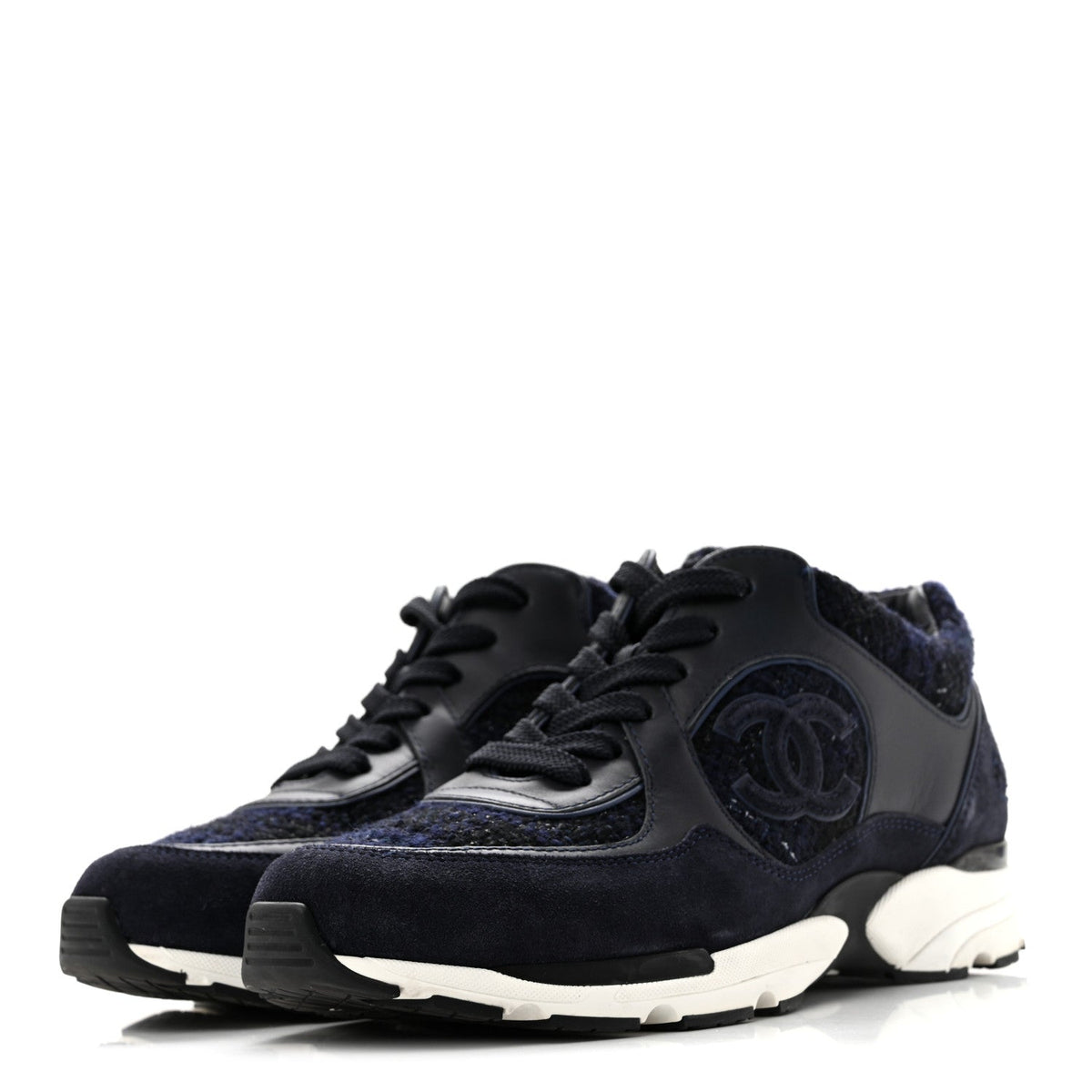 Chanel Tweed Suede Women's CC Sneakers 37.5 Black Blue