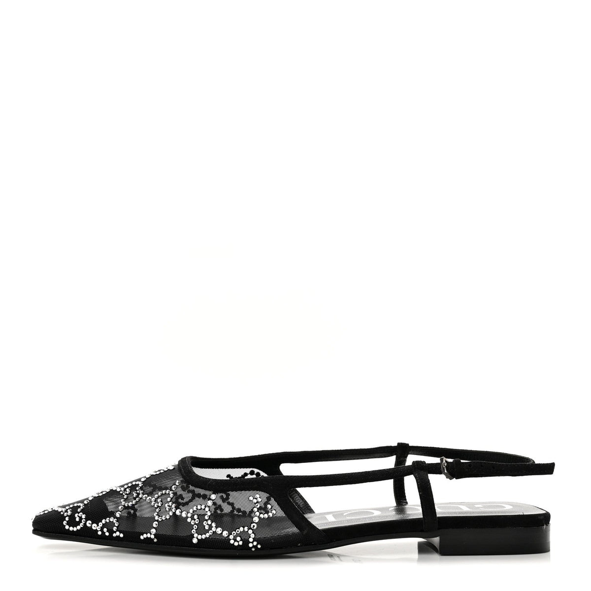 Gucci Suede Mesh Women's Crystal GG Demi Ballet Flats 37.5 Black