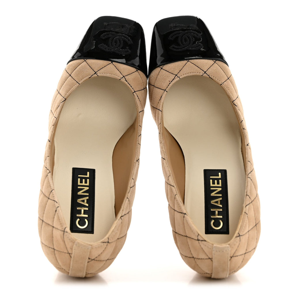 Chanel Suede Patent Women's Quilted CC Cap Toe Pumps 39 Beige Black