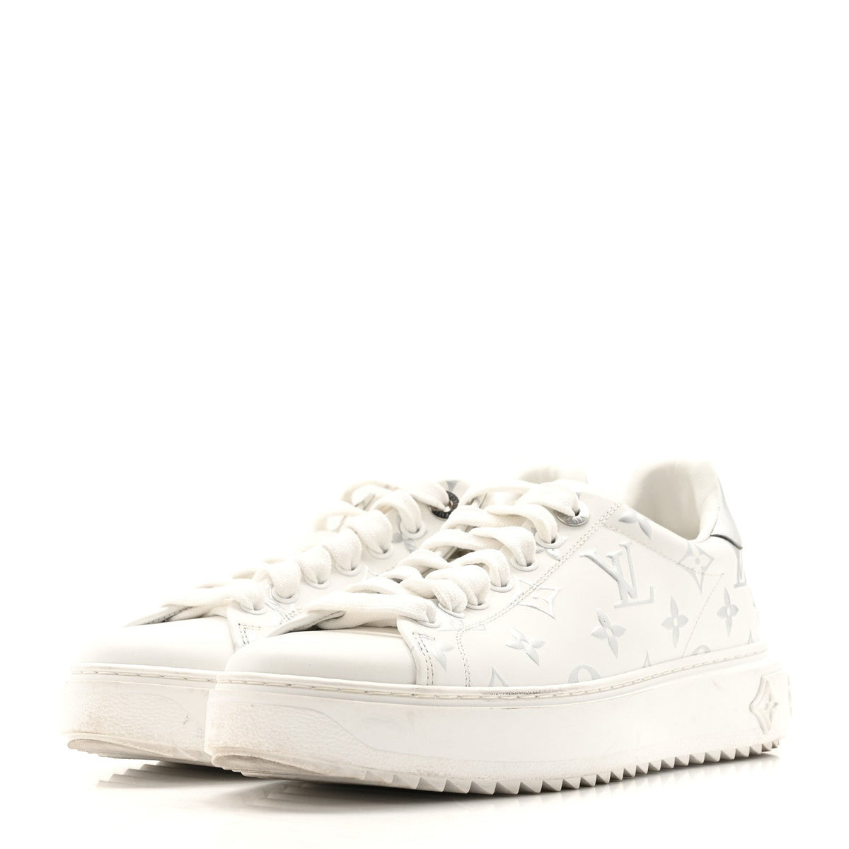 Louis Vuitton Calfskin Women's Monogram Debossed Time Out Sneakers 38 White Silver