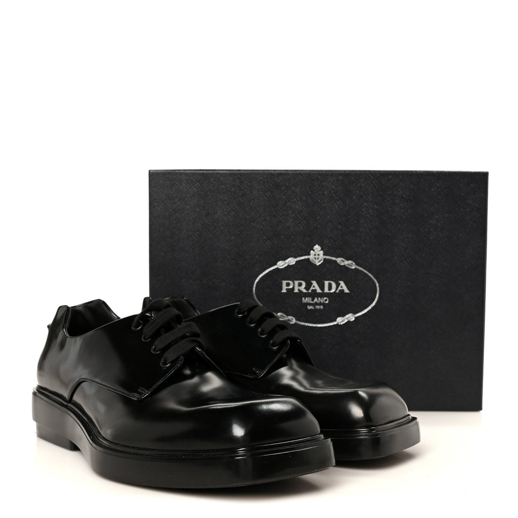 Prada Spazzolato Men's Square Toe Lace Up Derby Shoes 9 Black