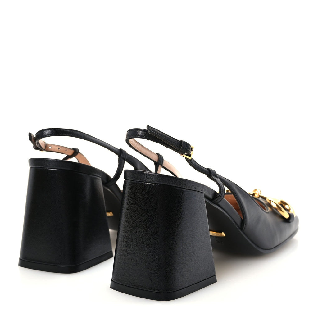 Gucci Malaga Kid Horsebit Women's 75mm Slingback Pumps 37 Black