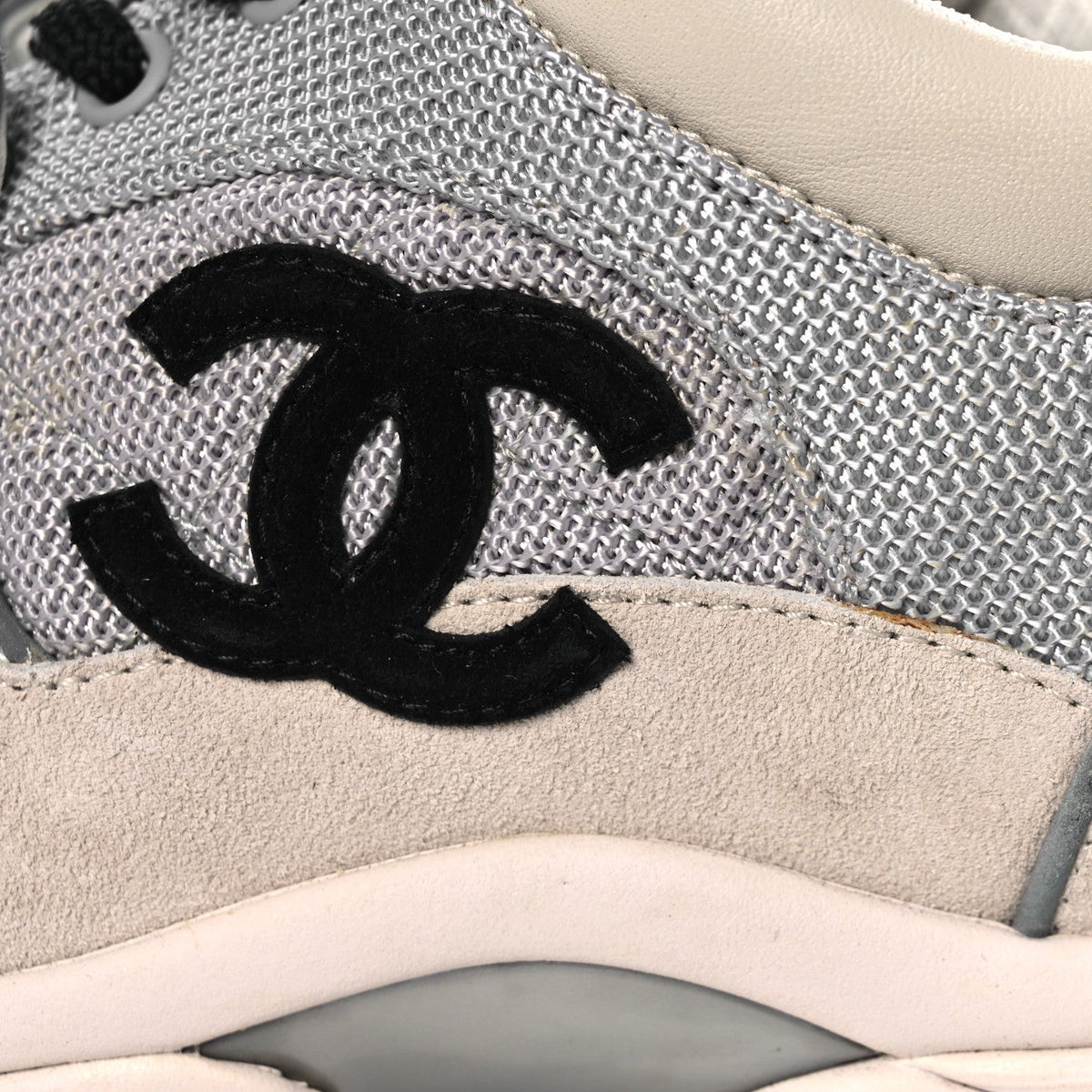Chanel Mesh Suede Grained Calfskin Women's CC Sneakers 37 Grey White