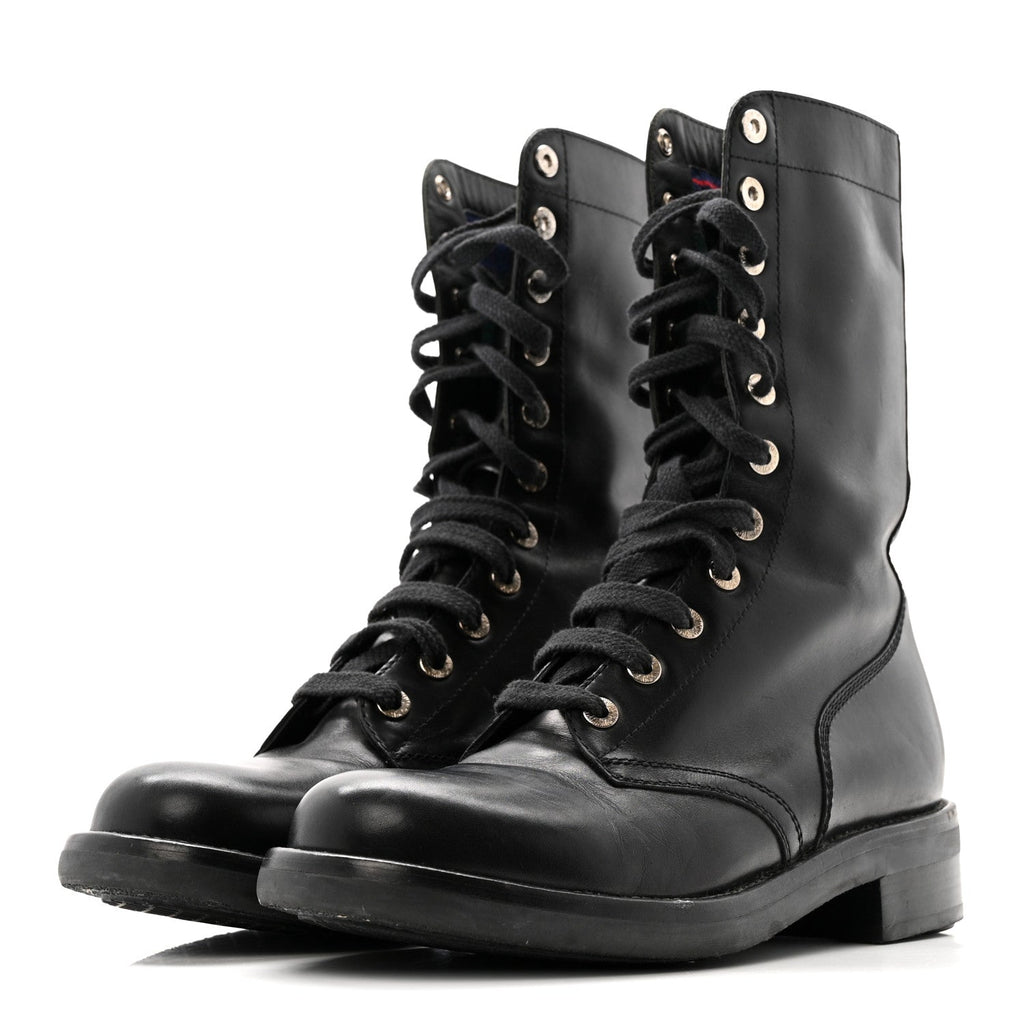 Chanel Calfskin Women's Lace Up Combat Boots 39.5 Black