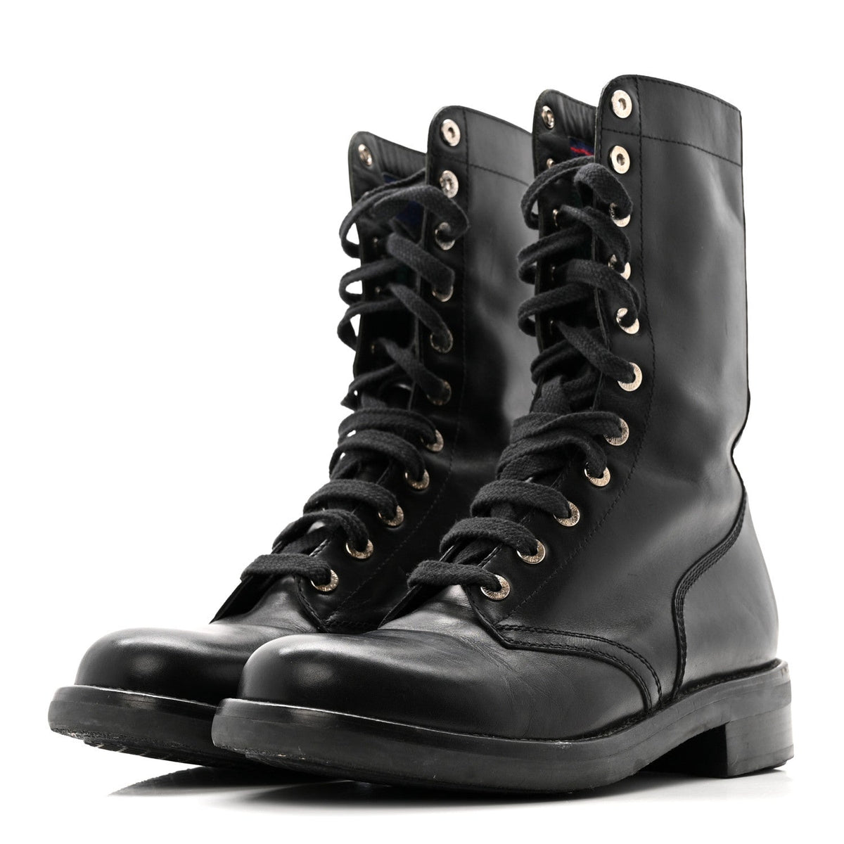 Chanel Calfskin Women's Lace Up Combat Boots 39.5 Black