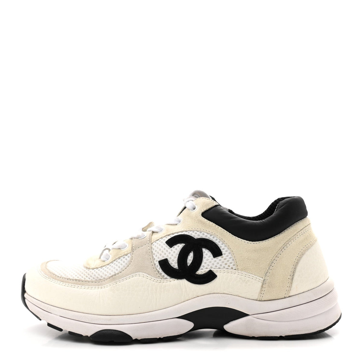 Chanel Mesh Suede Calfskin Womens CC Sneakers 39.5 White Black