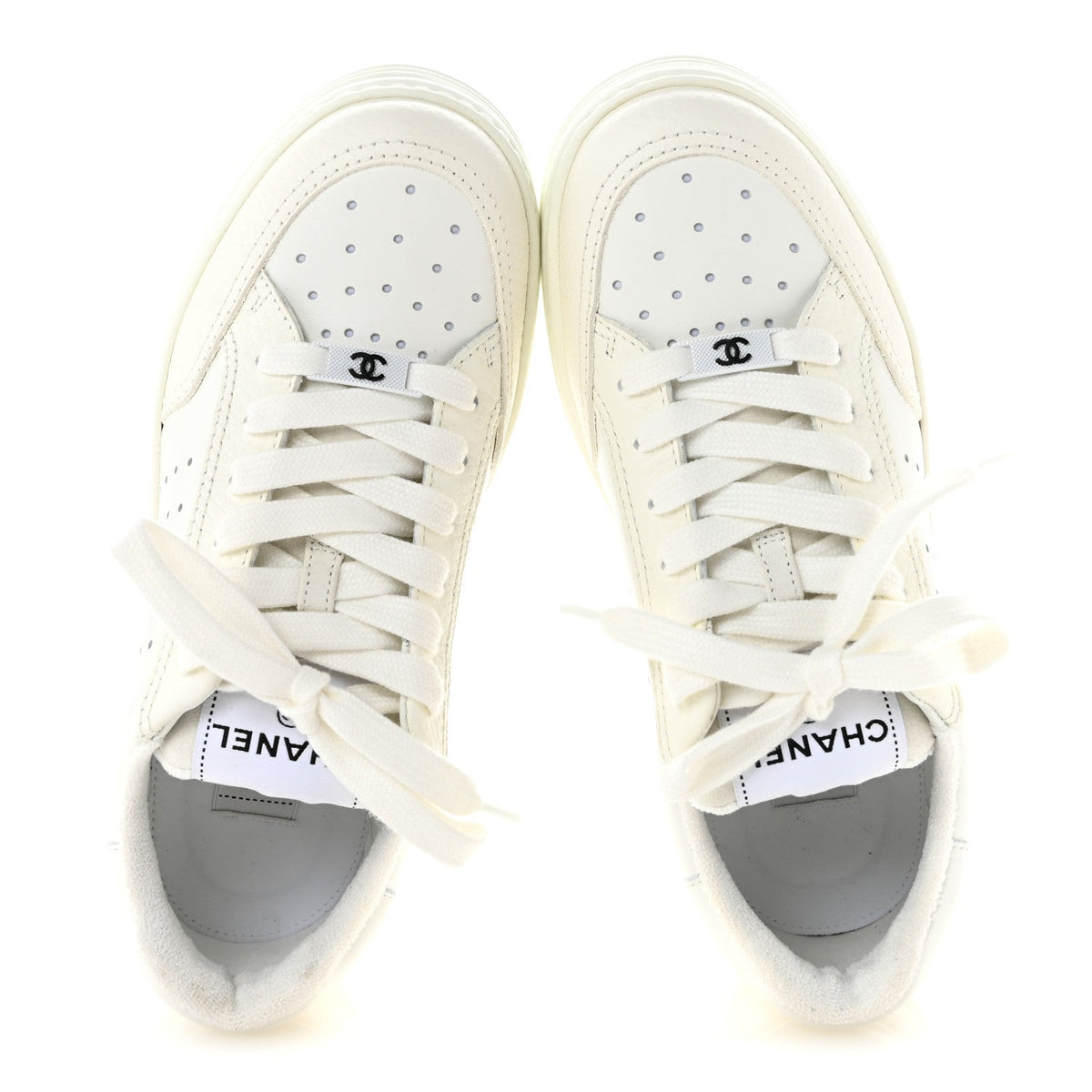 Chanel Grained Calfskin Fabric Women's Logo Sneakers 37.5 White
